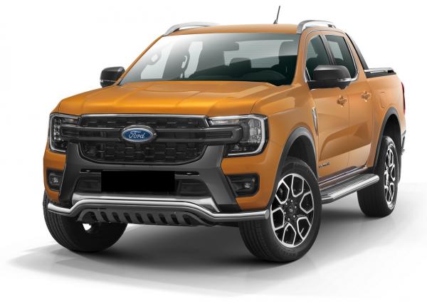 EU-Frontschutzrohr D: 70 mm inkl. Unterfahrschutzplatte, Edelstahl poliert, inkl. EG-Genehmigung für Ford Ranger Modell 2023